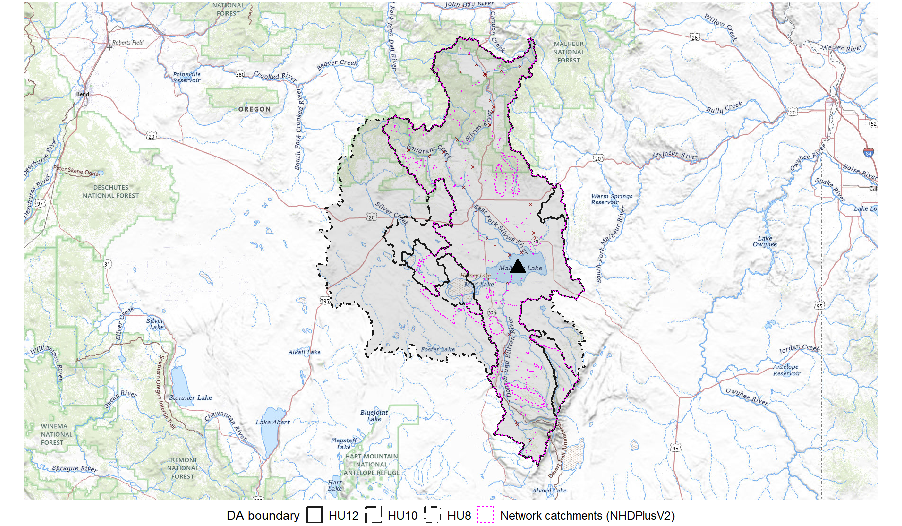 Map of the Malheur Lake Basin showing drainage area boundaries from HU8, HU10, HU12, and network catchment sources diverging substantially, with HU8 boundaries extending well beyond the network catchment extent into surrounding high-desert uplands.