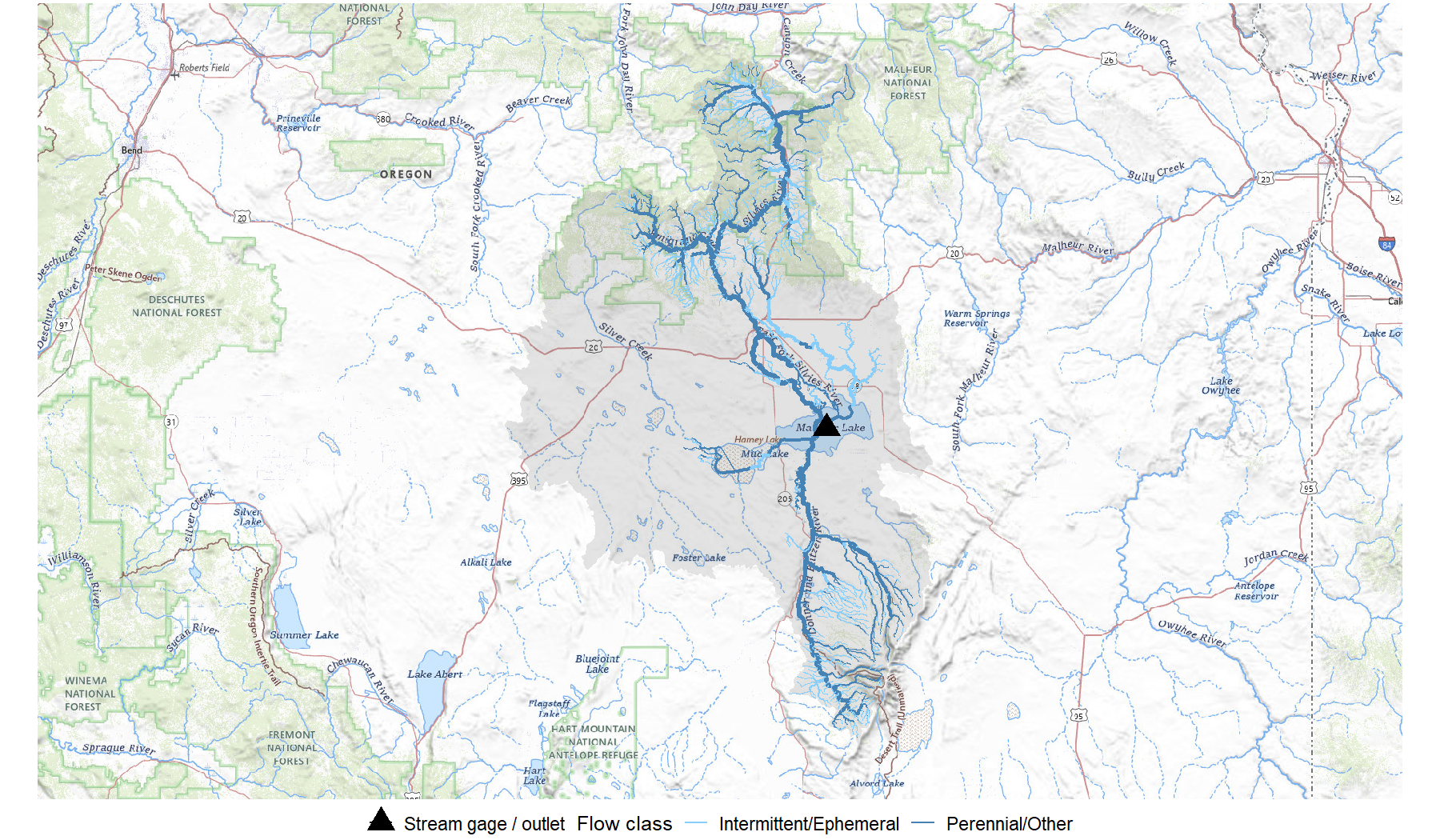 Stream network map of the Malheur Lake drainage basin showing perennial flow on the Silvies River from the north and the Donner und Blitzen River from the south converging on Malheur Lake, with the western lobe of the basin envelope containing no perennial network connection to the lake.