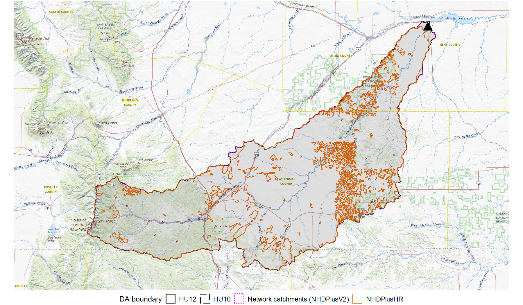 Map of the Purgatoire River basin near Las Animas showing HU10, HU12, and NHDPlusV2 network catchment boundaries converging along the same line in the headwaters and along the western divide, while the NHDPlusHR boundary shows gaps and missing catchments scattered through the flat central and southeastern portions of the basin.