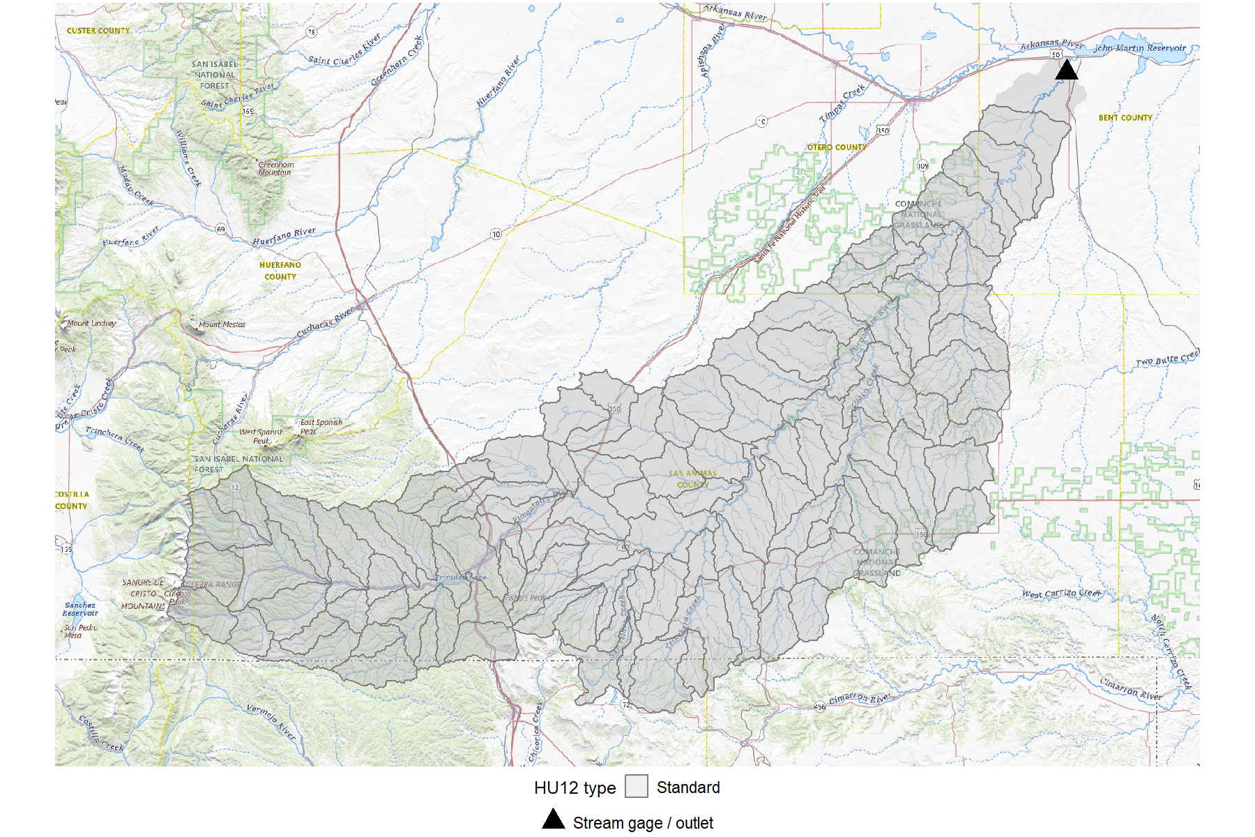 Map of the Purgatoire River basin showing HU12 type classification, with every HU12 unit rendered as light grey (Standard type) across the full basin.