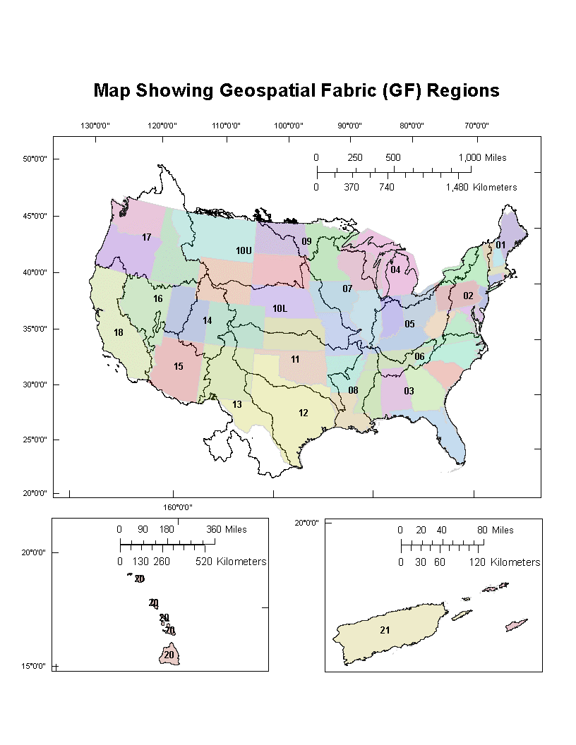 Map showing the original GFv1 domain with regional divisions across the contiguous United States used to distribute geospatial fabric data products.
