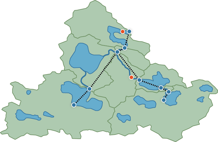 Illustration of a hydrofabric showing catchments, flowlines, waterbodies, network connections, and linked hydrologic locations woven together across a landscape.