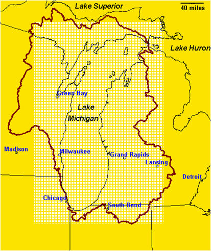 Map of model area for ground-water-flow model of contributing area to Lake Michigan