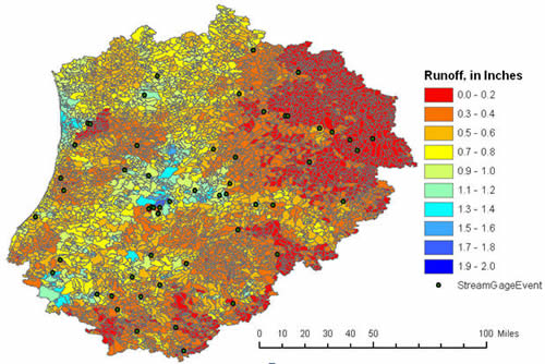 Map of aFINCH results showing estimated unit run-off for hydrologic subregion 0405 for October, 2003