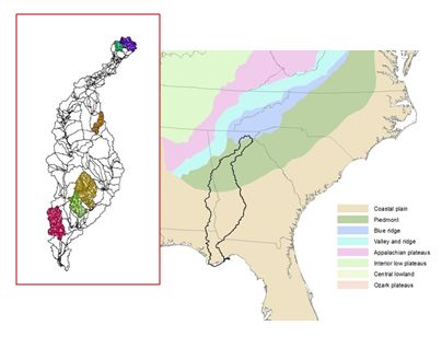 Location of six sub-basins being used in the ecological flow study for the Apalachicola-Chattahoochee-Flint River Basin
