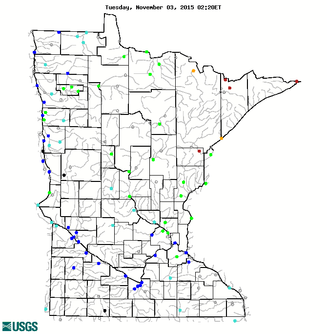 Map of real-time streamflow compared to historical streamflow for the day of the year (Minnesota)